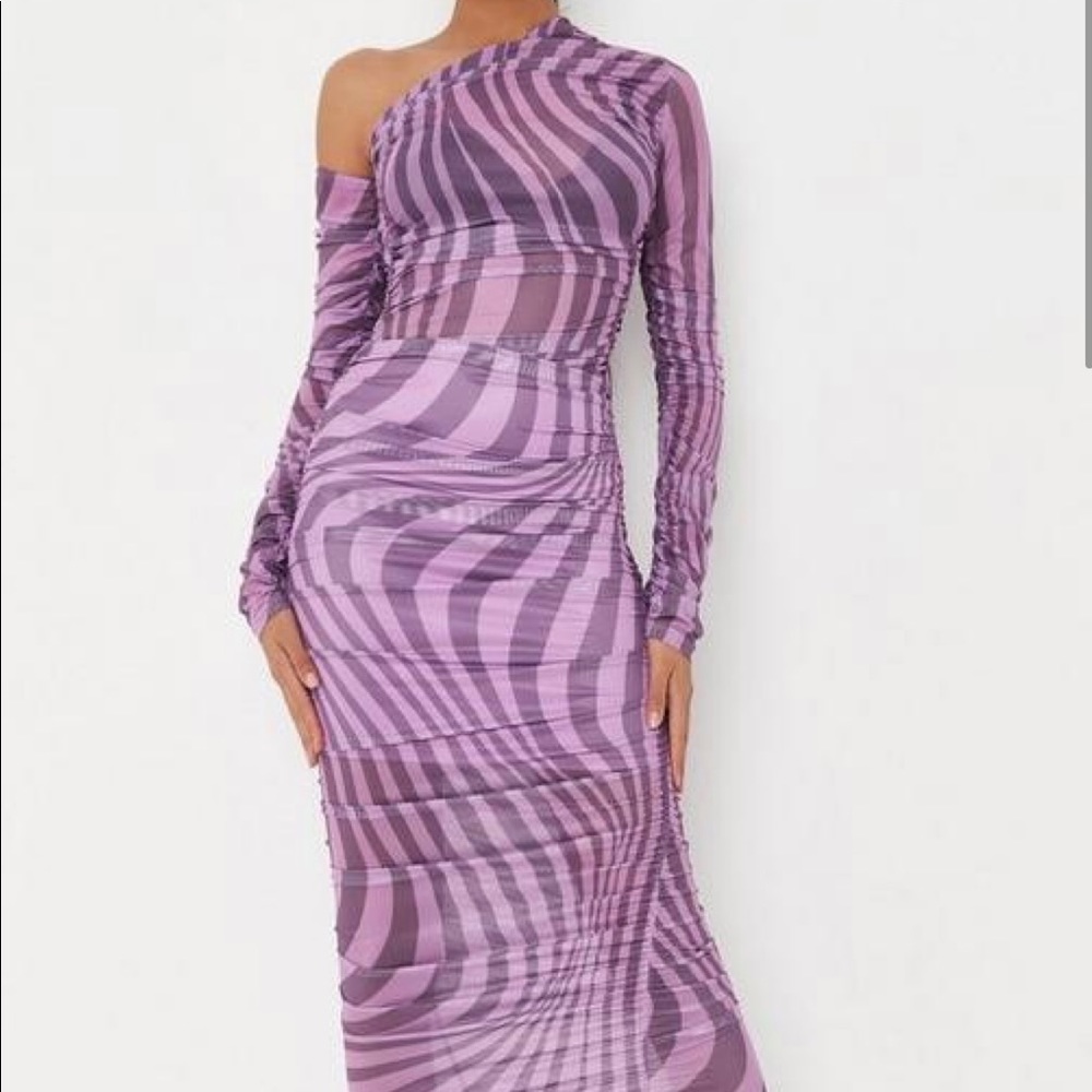 **NWT** Mesh Lilac Swirl Print Ruched Midi Dress